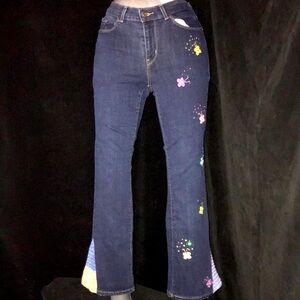 Women’s LEVI’S BOOT CUT Dark Blue Sz 6 UPCYCLED EMBROIDERED CROCHETED Jeans